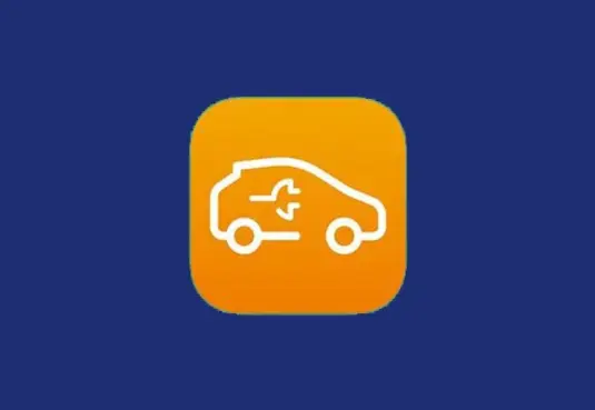 Logo orange mit einem Fahrzeug auf dunkelblauem Hintergrund 