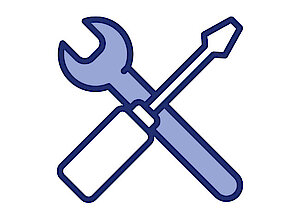 Icon mit zwei Werkzeugen über Kreux auf einem weißen Hintergrund
