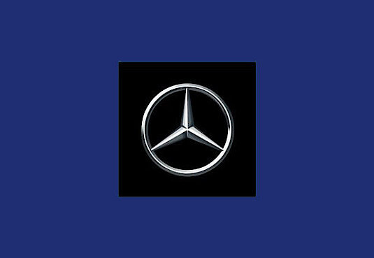 Logo in schwarz und weiß mit dem Mercedes-Stern auf einem dunkelblauen Hintergrund 