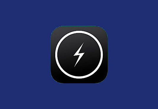 Icon in schwarz und weiß mit einem Blitz im Kreis auf einem dunkelblauen Hintergrund 