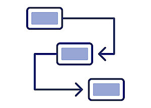 Icon mit einem Diagramm Kästchen und Pfiele auf einem weißen Hintergrund