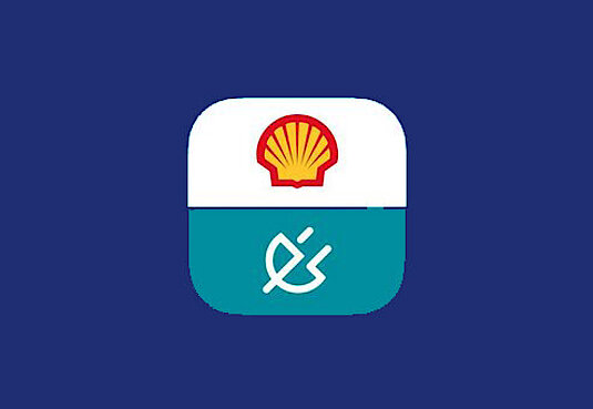 Icon in grün und weiß mit dem Shell-Logo und einem Stromstecker auf einem dunkelblauen Hintergrund 